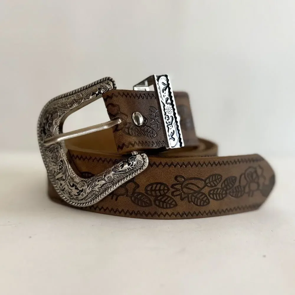 Y2K Brown Leather Belt Silver Buckle Adjustable Unisex Vintage New